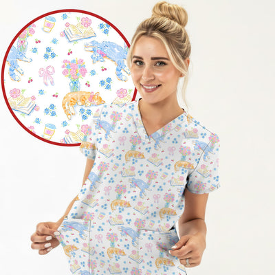Cute Cats Reading Floral Books Pattern Scrub Top, Comfortable Scrubs for Nurses