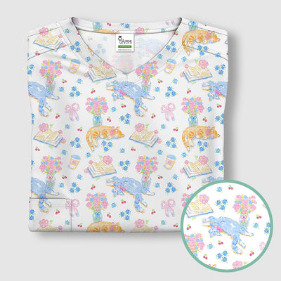 Cute Cats Reading Floral Books Pattern Scrub Top, Comfortable Scrubs for Nurses