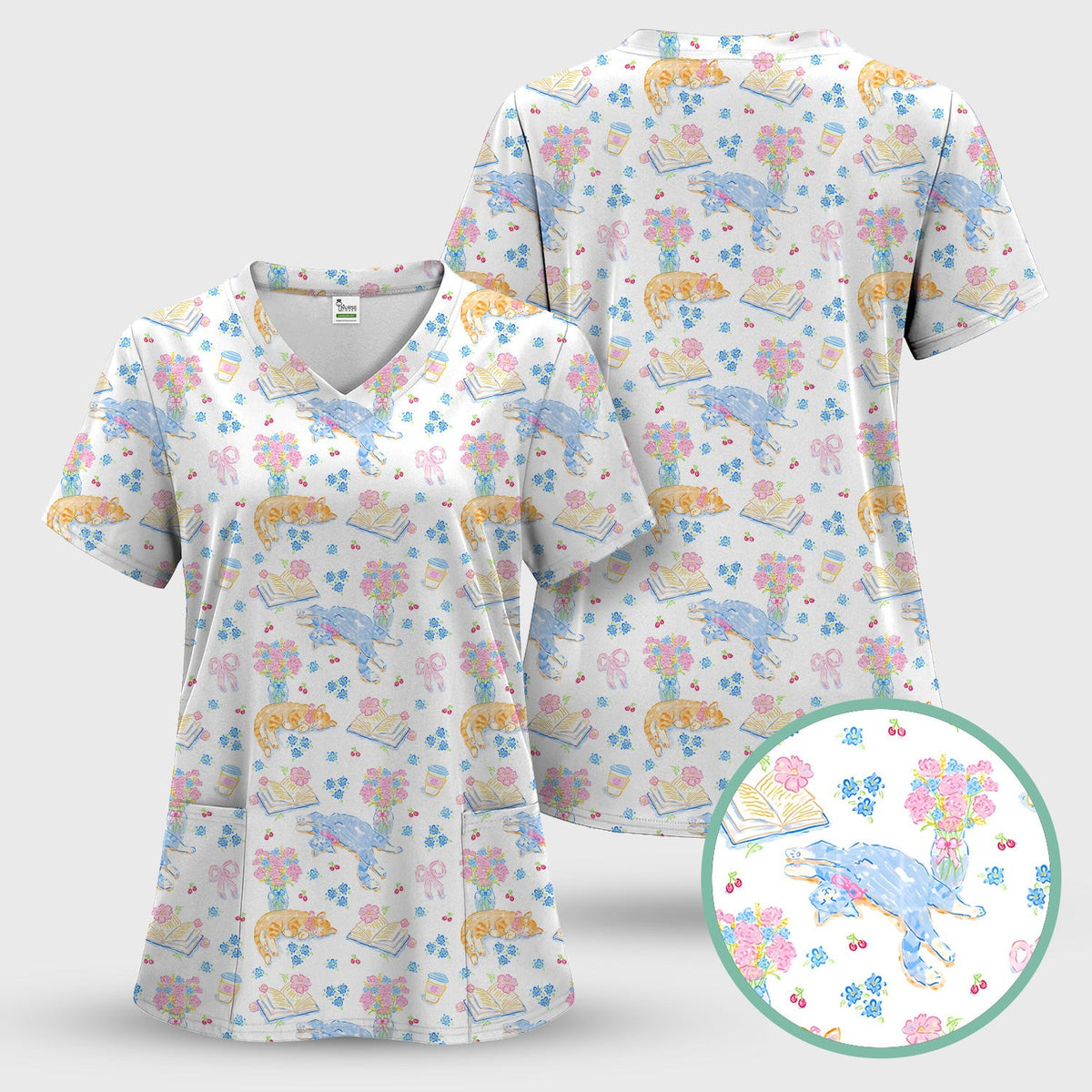 Cute Cats Reading Floral Books Pattern Scrub Top, Comfortable Scrubs for Nurses