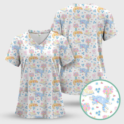 Cute Cats Reading Floral Books Pattern Scrub Top, Comfortable Scrubs for Nurses