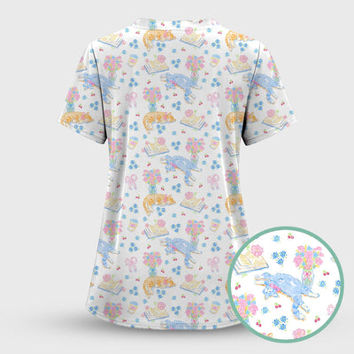 Cute Cats Reading Floral Books Pattern Scrub Top, Comfortable Scrubs for Nurses