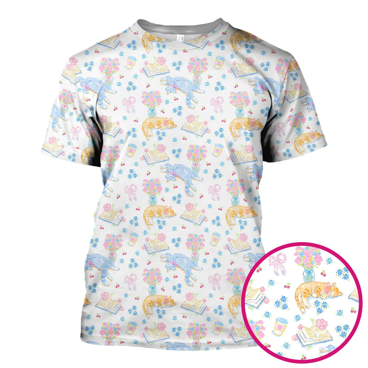Cute Cats Reading Floral Books Pattern Scrub Top, Comfortable Scrubs for Nurses