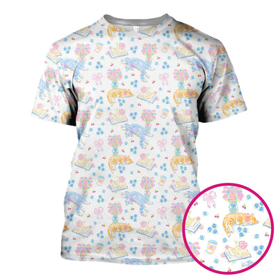 Cute Cats Reading Floral Books Pattern Scrub Top, Comfortable Scrubs for Nurses
