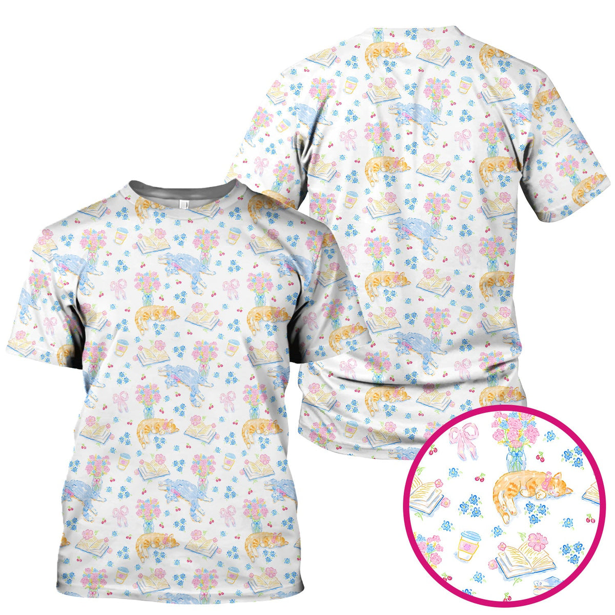 Cute Cats Reading Floral Books Pattern Scrub Top, Comfortable Scrubs for Nurses