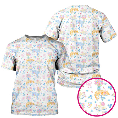 Cute Cats Reading Floral Books Pattern Scrub Top, Comfortable Scrubs for Nurses