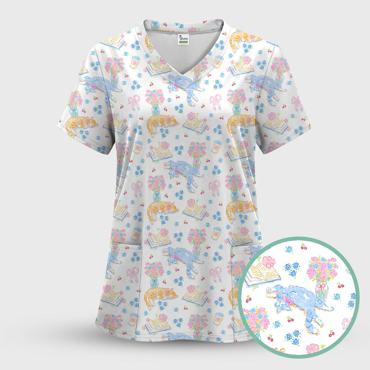 Cute Cats Reading Floral Books Pattern Scrub Top, Comfortable Scrubs for Nurses