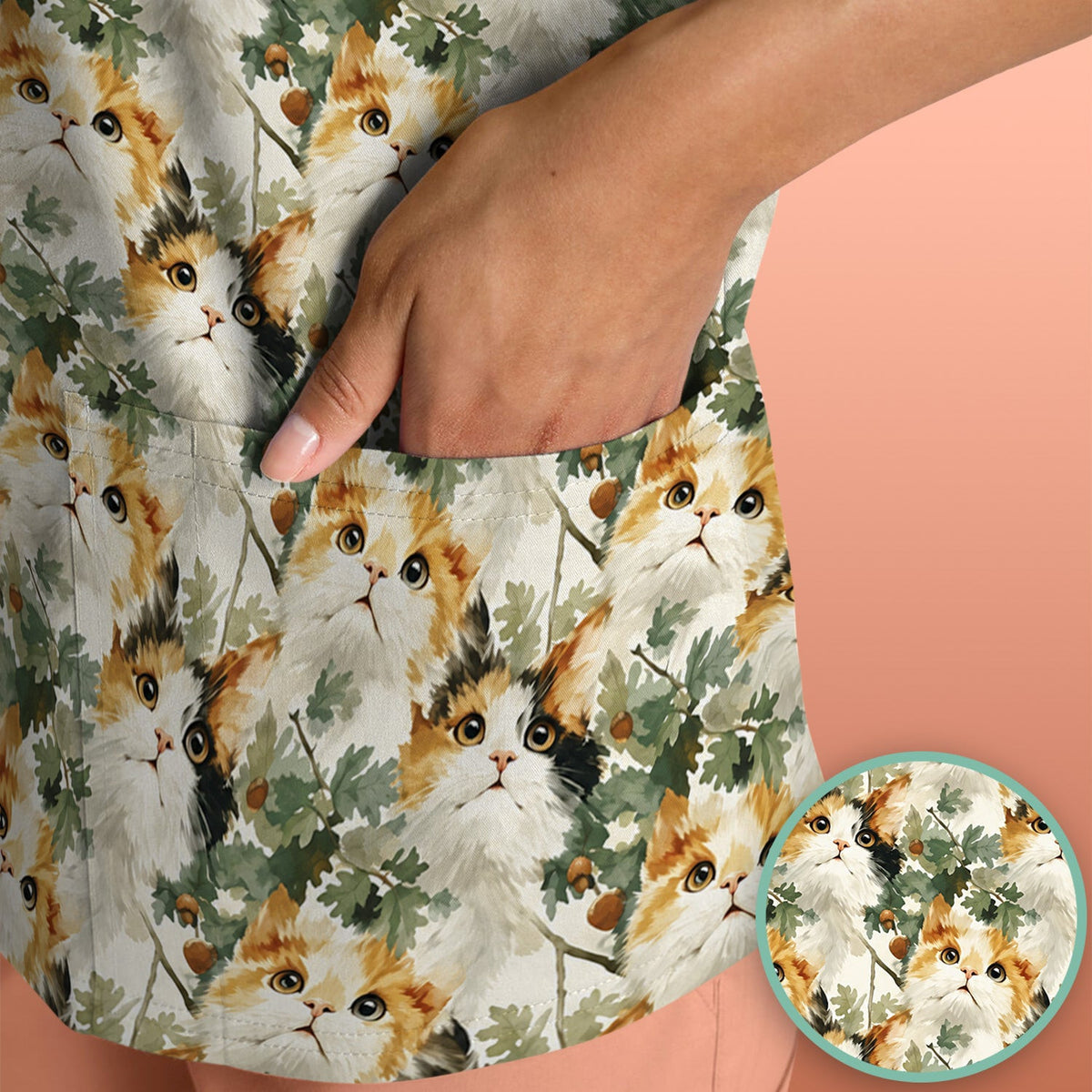 Fluffy Calico Cat Oak Leaves Pattern Scrub Top, Comfortable Scrubs for Nurses