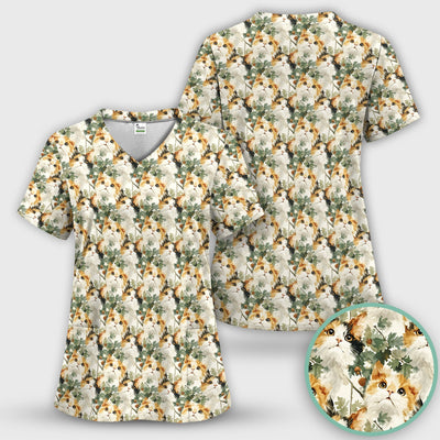 Fluffy Calico Cat Oak Leaves Pattern Scrub Top, Comfortable Scrubs for Nurses
