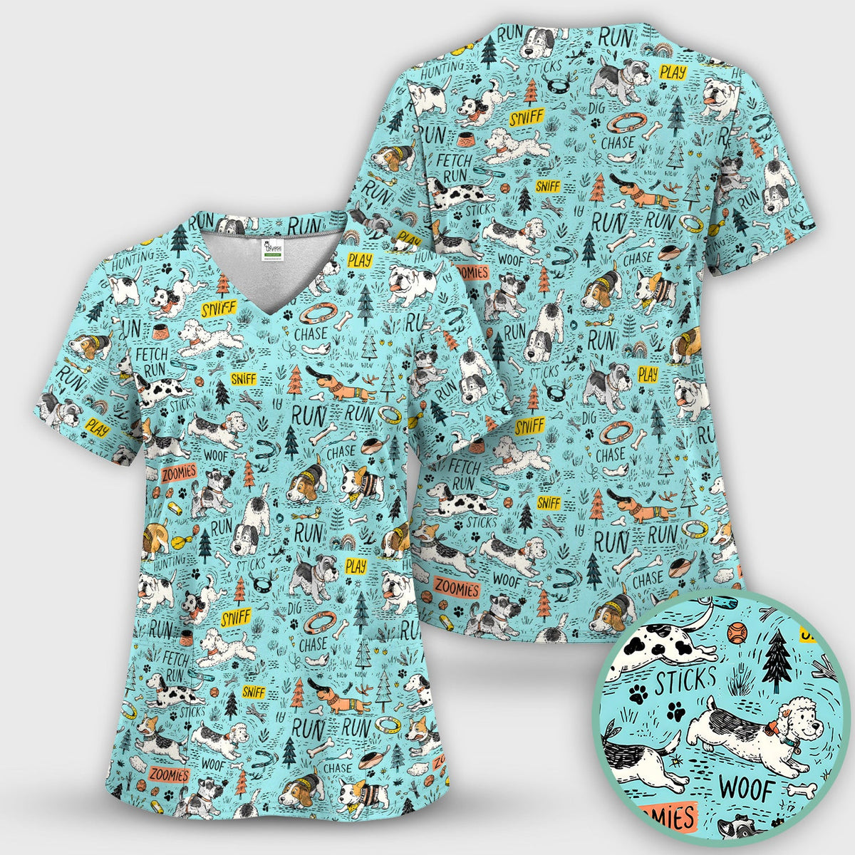 Playful Cartoon Puppy Adventure Pattern Scrub Top, Comfortable Scrubs for Nurses