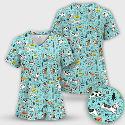 Playful Cartoon Puppy Adventure Pattern Scrub Top, Comfortable Scrubs for Nurses