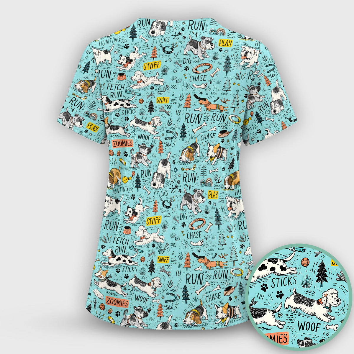 Playful Cartoon Puppy Adventure Pattern Scrub Top, Comfortable Scrubs for Nurses
