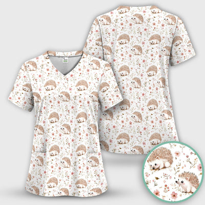 Cute Hedgehog Wildflower Garden Pattern Scrub Top, Comfortable Scrubs for Nurses