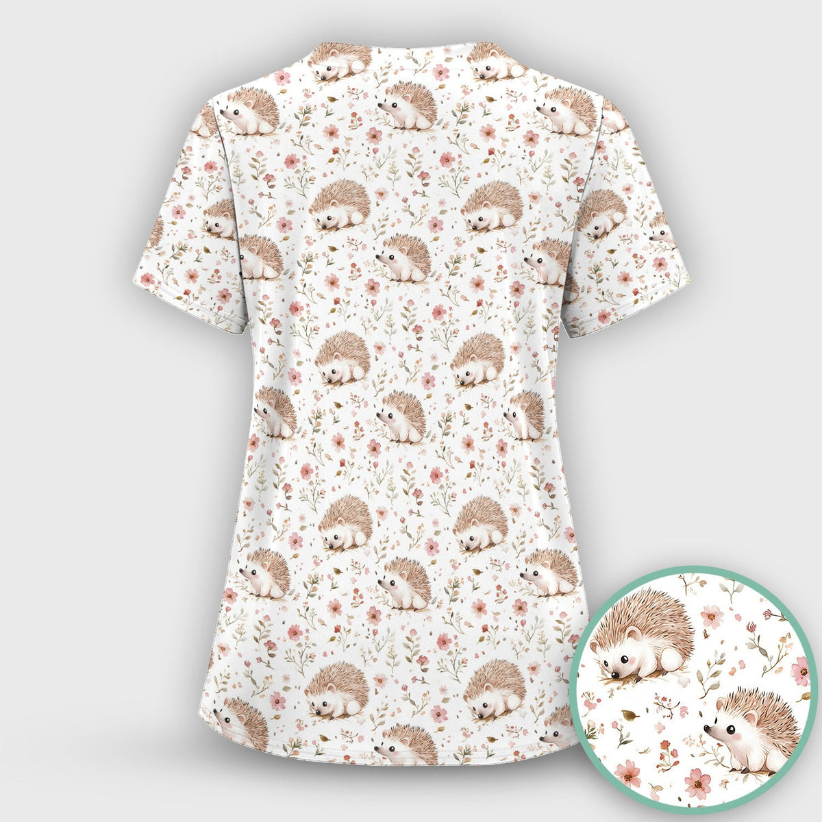 Cute Hedgehog Wildflower Garden Pattern Scrub Top, Comfortable Scrubs for Nurses