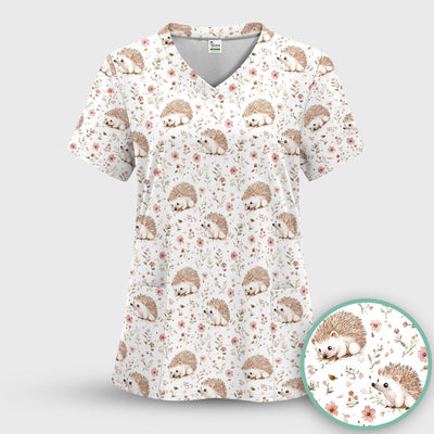 Cute Hedgehog Wildflower Garden Pattern Scrub Top, Comfortable Scrubs for Nurses