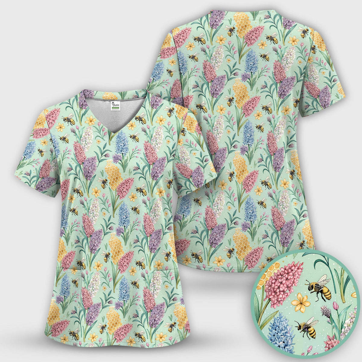 Pastel Wildflower Honeybee Pattern Scrub Top, Comfortable Scrubs for Nurses