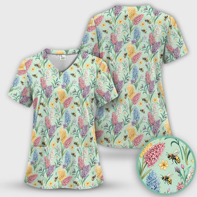 Pastel Wildflower Honeybee Pattern Scrub Top, Comfortable Scrubs for Nurses