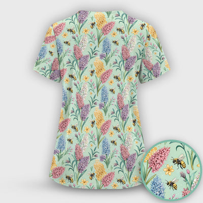 Pastel Wildflower Honeybee Pattern Scrub Top, Comfortable Scrubs for Nurses