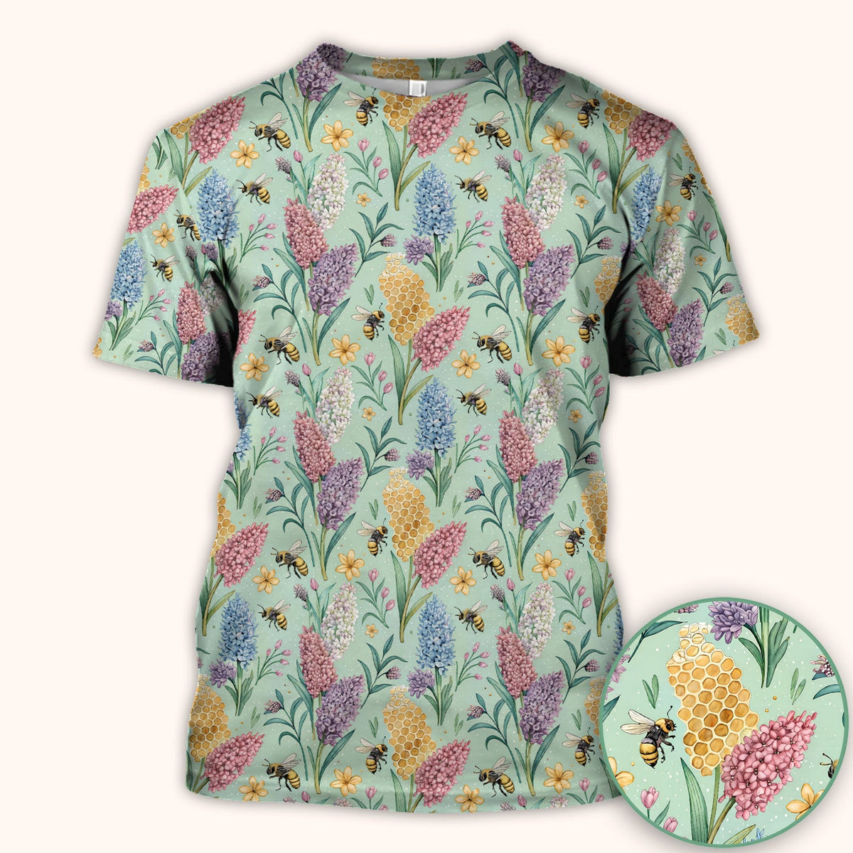 Pastel Wildflower Honeybee Pattern Scrub Top, Comfortable Scrubs for Nurses