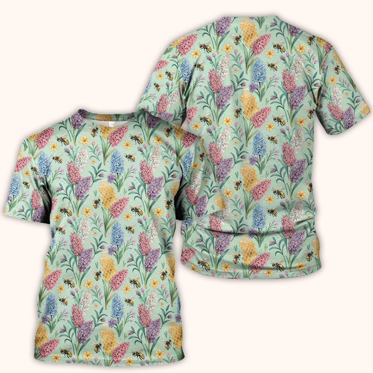 Pastel Wildflower Honeybee Pattern Scrub Top, Comfortable Scrubs for Nurses