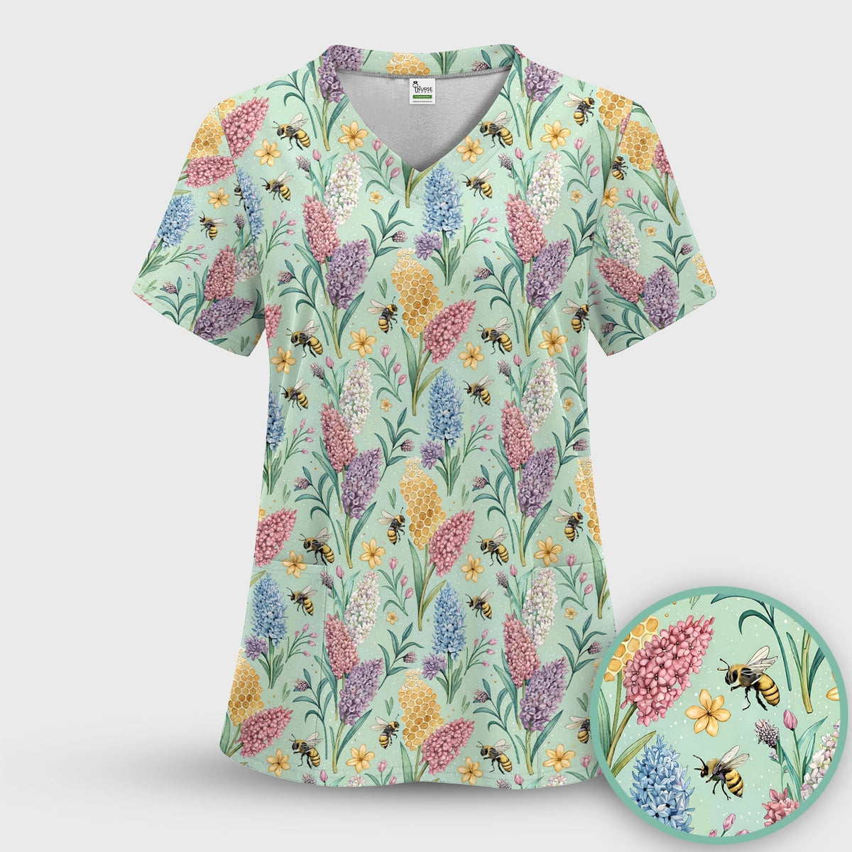 Pastel Wildflower Honeybee Pattern Scrub Top, Comfortable Scrubs for Nurses