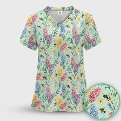 Pastel Wildflower Honeybee Pattern Scrub Top, Comfortable Scrubs for Nurses