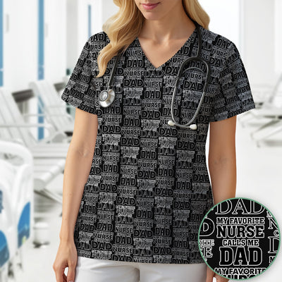 Favorite Nurse Calls Dad Pattern Scrub Top, Comfortable Scrubs for Nurses