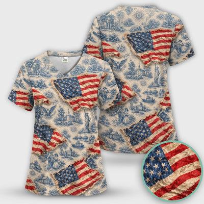 Vintage American Flag Toile Pattern Scrub Top, Comfortable Scrubs for Nurses