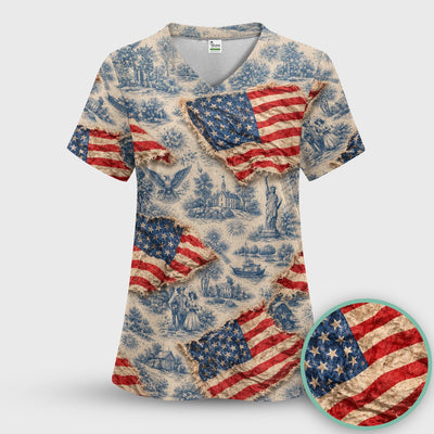 Vintage American Flag Toile Pattern Scrub Top, Comfortable Scrubs for Nurses