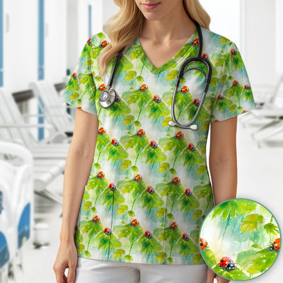 Ladybugs On Rainy Leaves Pattern Scrub Top, Comfortable Scrubs for Nurses