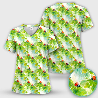 Ladybugs On Rainy Leaves Pattern Scrub Top, Comfortable Scrubs for Nurses