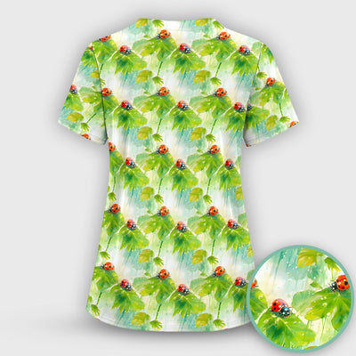 Ladybugs On Rainy Leaves Pattern Scrub Top, Comfortable Scrubs for Nurses