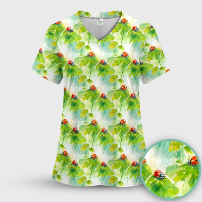 Ladybugs On Rainy Leaves Pattern Scrub Top, Comfortable Scrubs for Nurses