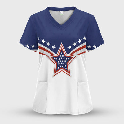 Patriotic American Flag Star Pattern Scrub Top, Comfortable Scrubs for Nurses