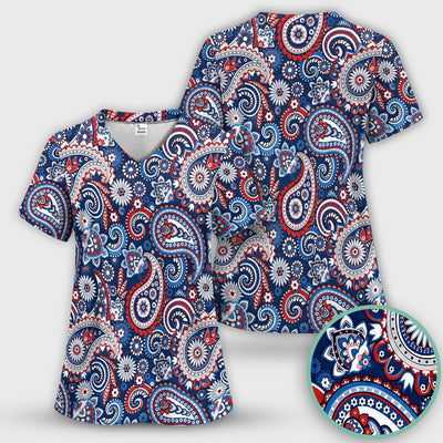 Patriotic Red White Blue Paisley Pattern Scrub Top, Comfortable Scrubs for Nurses