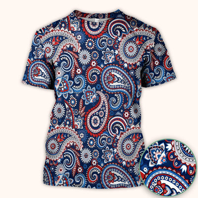 Patriotic Red White Blue Paisley Pattern Scrub Top, Comfortable Scrubs for Nurses