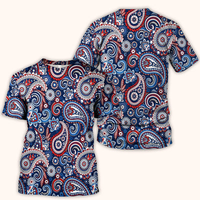 Patriotic Red White Blue Paisley Pattern Scrub Top, Comfortable Scrubs for Nurses