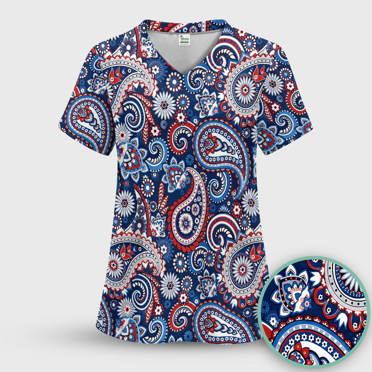 Patriotic Red White Blue Paisley Pattern Scrub Top, Comfortable Scrubs for Nurses