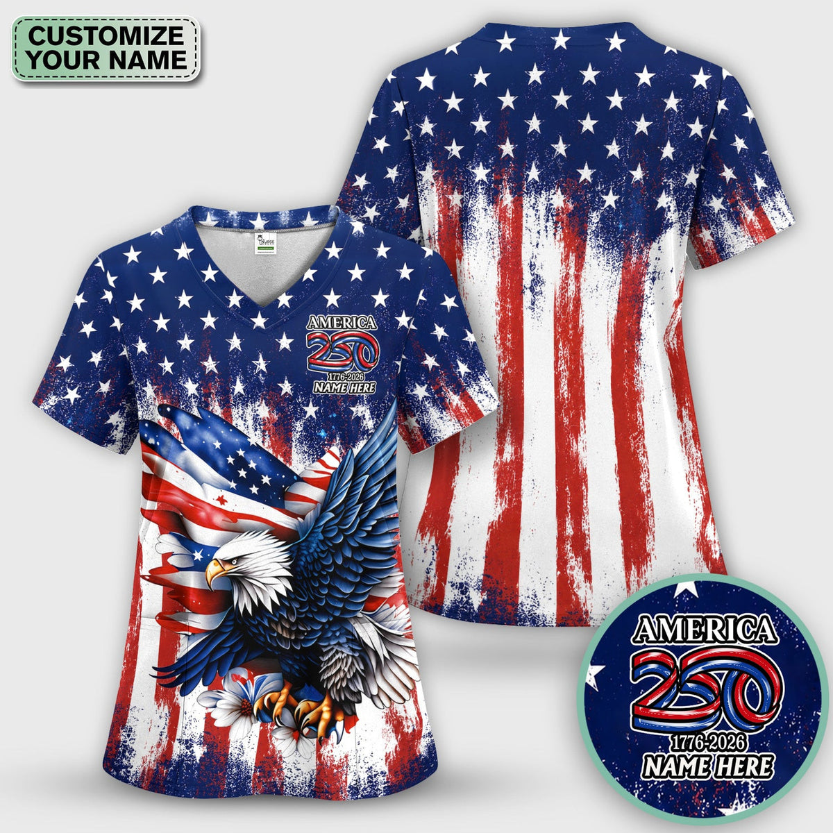 Personalized Patriotic Eagle Flag Pattern Scrub Top, Comfortable Scrubs for Nurses