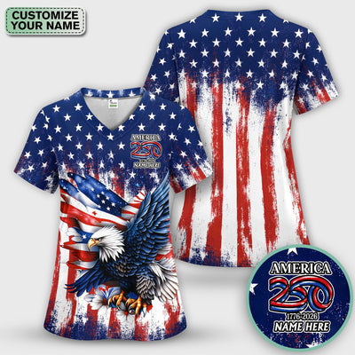 Personalized Patriotic Eagle Flag Pattern Scrub Top, Comfortable Scrubs for Nurses