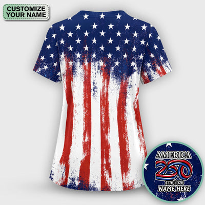 Personalized Patriotic Eagle Flag Pattern Scrub Top, Comfortable Scrubs for Nurses