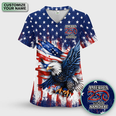 Personalized Patriotic Eagle Flag Pattern Scrub Top, Comfortable Scrubs for Nurses