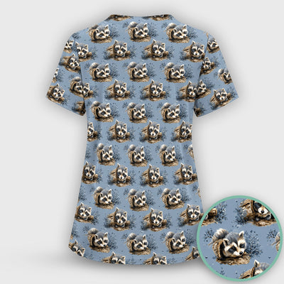 Cute Raccoon In Log Pattern Scrub Top, Comfortable Scrubs for Nurses