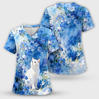 Adorable Blue Floral White Cat Pattern Scrub Top, Comfortable Scrubs for Nurses