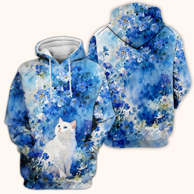 Adorable Blue Floral White Cat Pattern Scrub Top, Comfortable Scrubs for Nurses