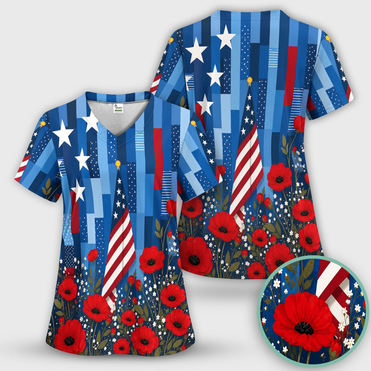 Patriotic Nurse Flag Poppy Pattern Scrub Top, Breathable Fabrics Nursing Uniform