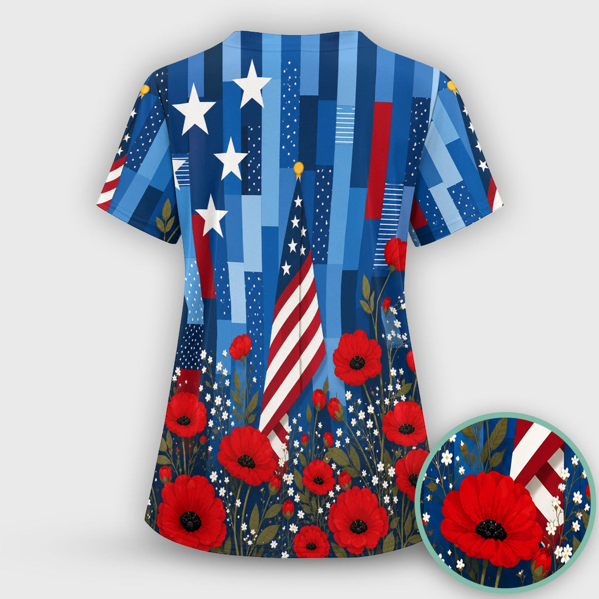 Patriotic Nurse Flag Poppy Pattern Scrub Top, Breathable Fabrics Nursing Uniform