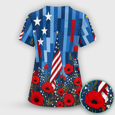 Patriotic Nurse Flag Poppy Pattern Scrub Top, Breathable Fabrics Nursing Uniform