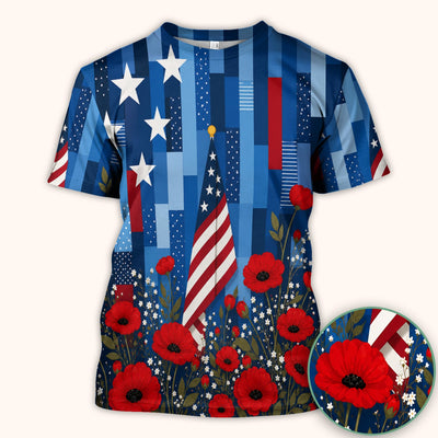 Patriotic Nurse Flag Poppy Pattern Scrub Top, Breathable Fabrics Nursing Uniform