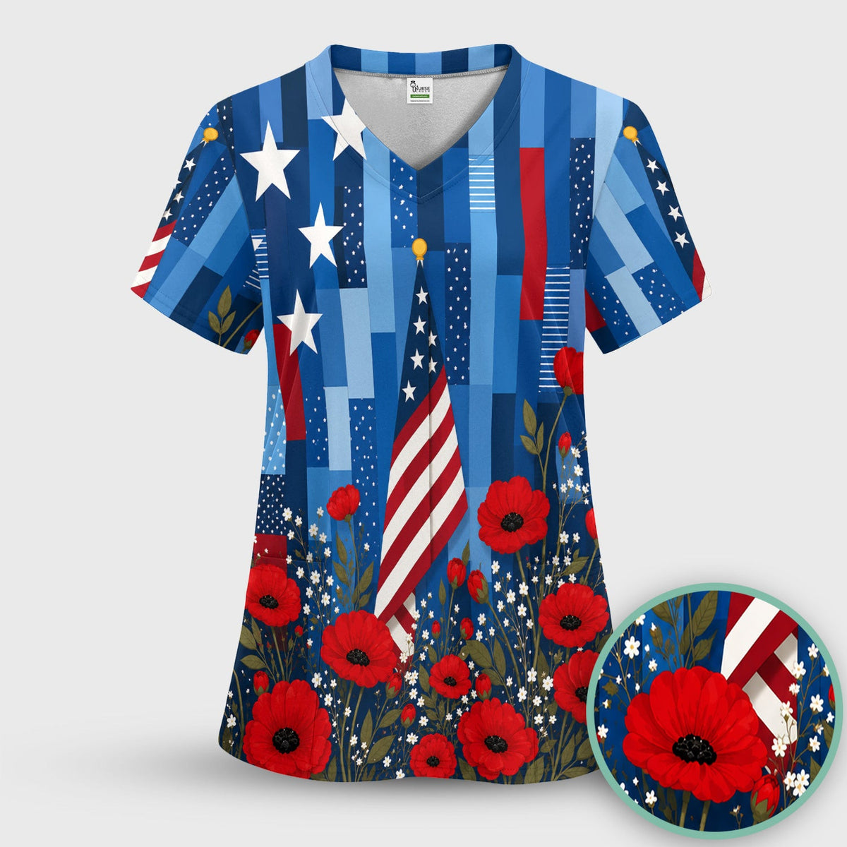 Patriotic Nurse Flag Poppy Pattern Scrub Top, Breathable Fabrics Nursing Uniform