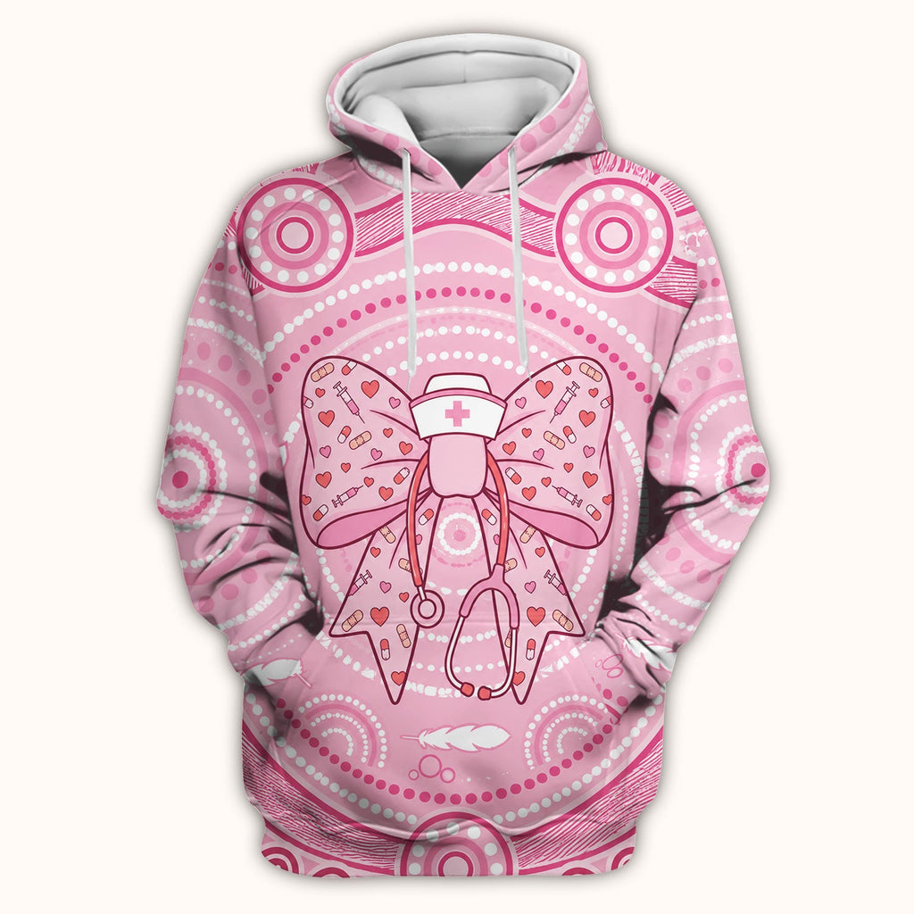 Pink Nurse Bow Stethoscope Pattern Scrub Top, Comfortable Scrubs for Nurses
